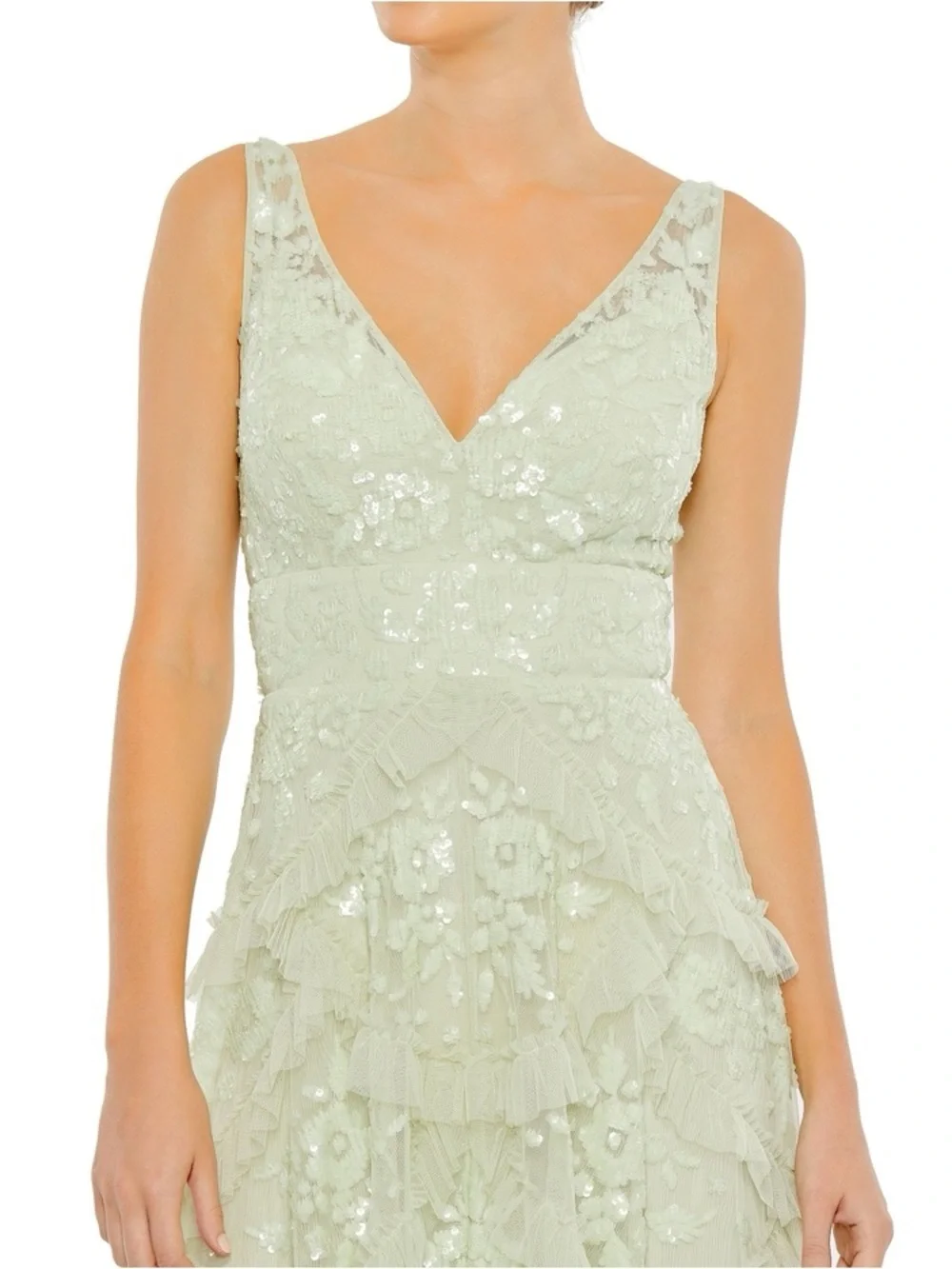Mac Duggal 9162 Green Sequined Scallop Ruffle Tiered V-Neck Gown Size 16 NWT